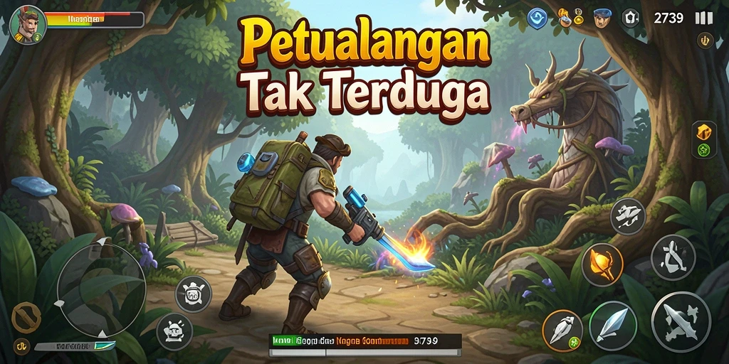 Screenshot gameplay <strong>2739</strong> menampilkan karakter berpetualang di dunia fantasi.