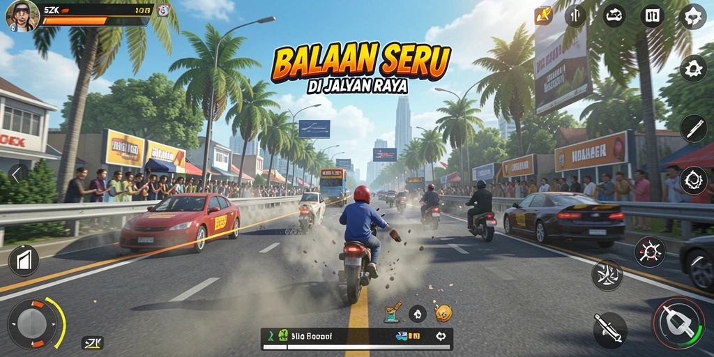 Screenshot gameplay 5ZK yang memukau dengan aksi balapan cepat.