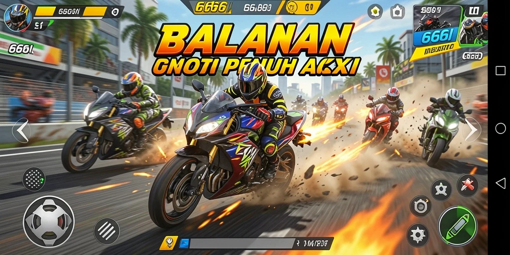 Screenshot gameplay motor balap yang seru dan mendebarkan.