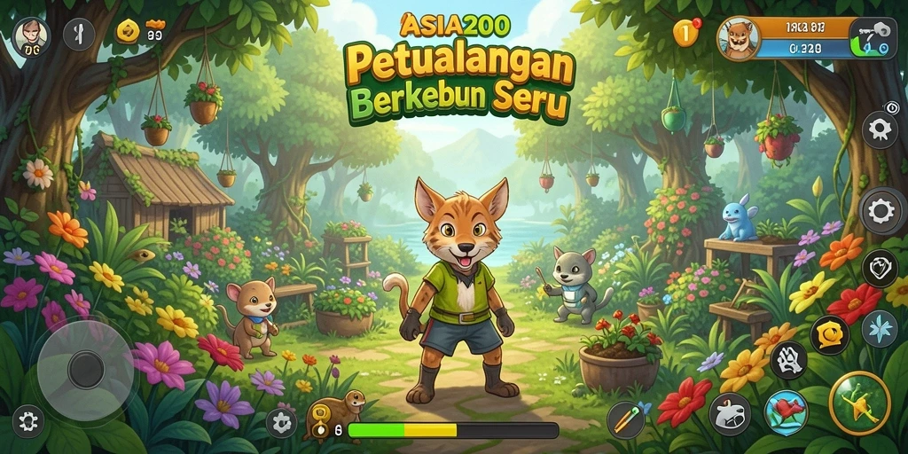 Screenshot ASIA200 menampilkan kebun subur dan aktivitas berkebun yang menyenangkan.