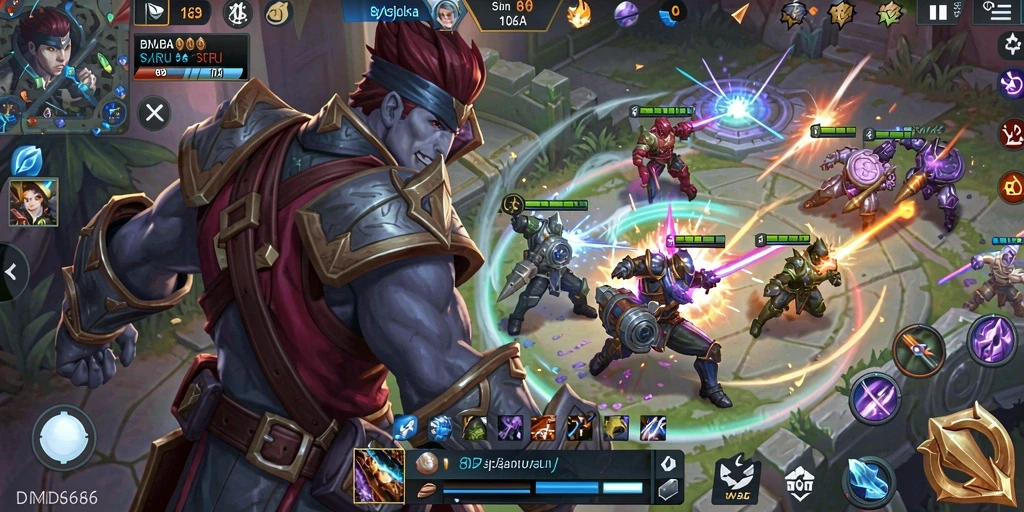 Screenshot gameplay DMD686 menunjukkan pertempuran seru di arena MOBA.