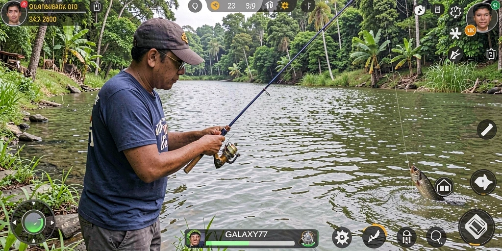 Screenshot gameplay <strong>GALAXY77</strong> dengan pemandangan alam yang indah saat memancing.