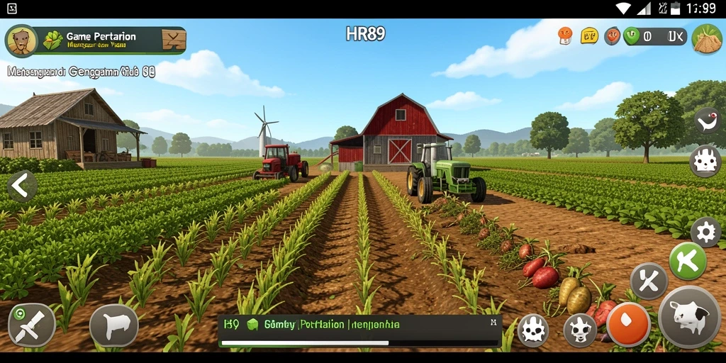 Tampilan gameplay HR89 dengan ladang pertanian yang subur dan aktivitas bertani.