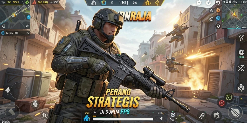 Screenshot utama IDNRAJA menampilkan aksi intens dalam pertempuran FPS.