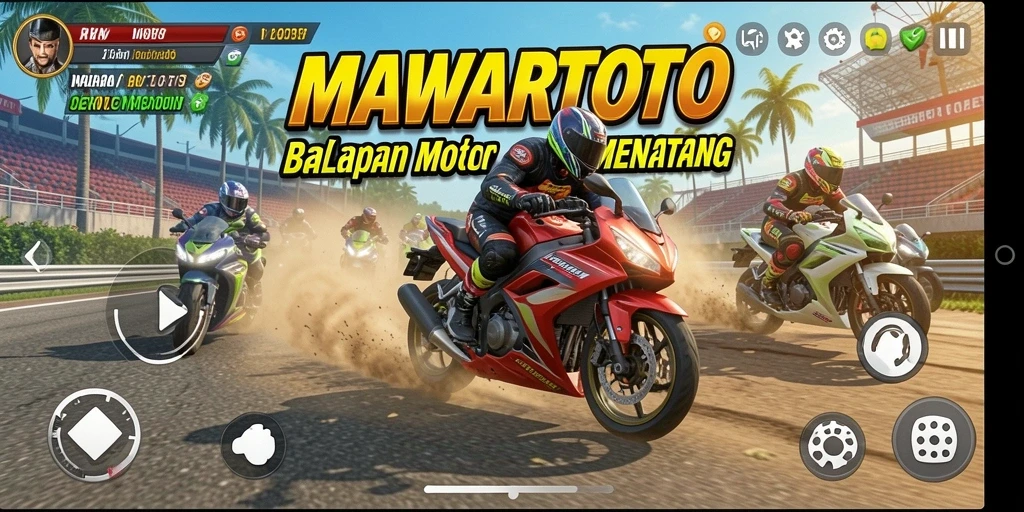 Tampilan gameplay seru di MAWARTOTO saat balapan motor.