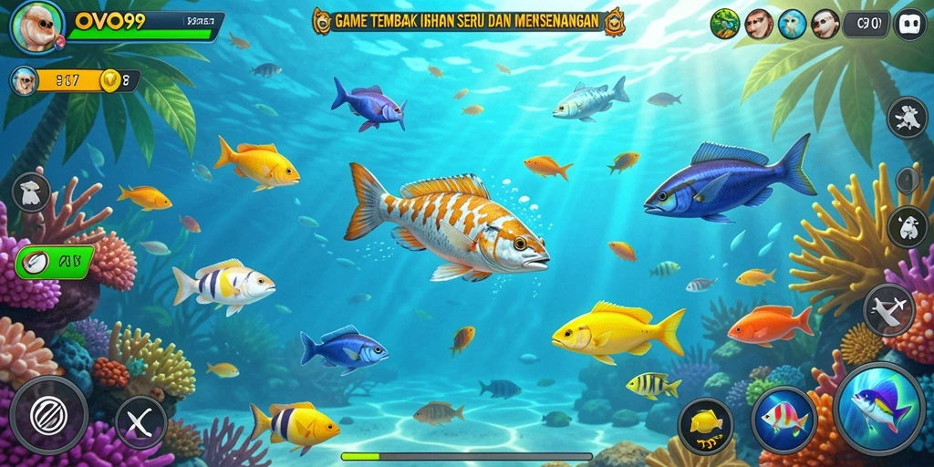 Screenshot OVO99 menampilkan aksi seru dalam menembak ikan.