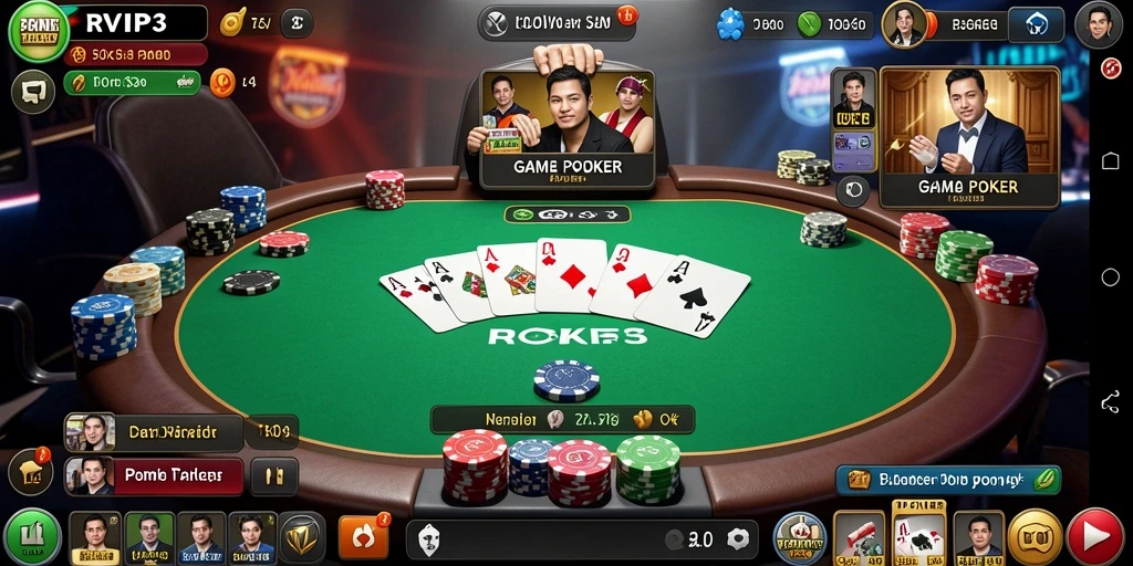 Screenshot utama RVIP3 menampilkan pemain yang sedang berkompetisi dalam permainan poker.